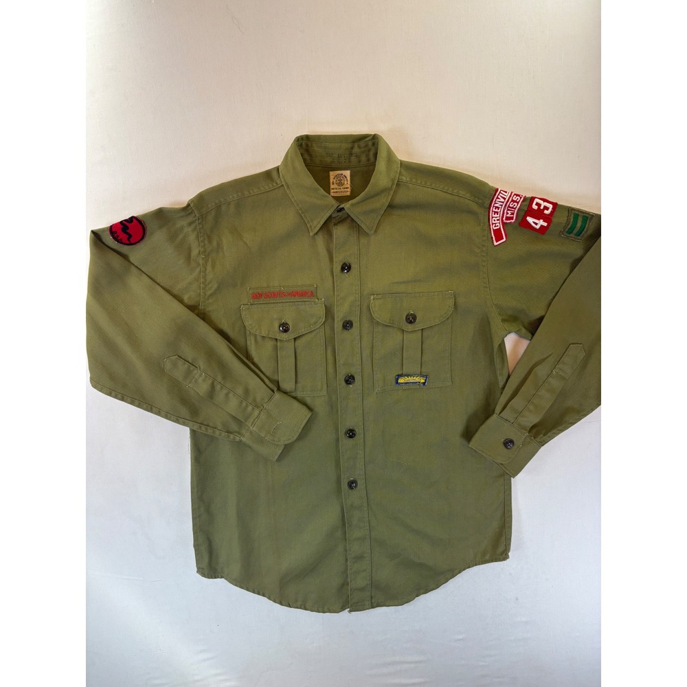 Vintage Boy Scouts of America BSA Official Shirt Olive Green Patch 14.5 Regular
